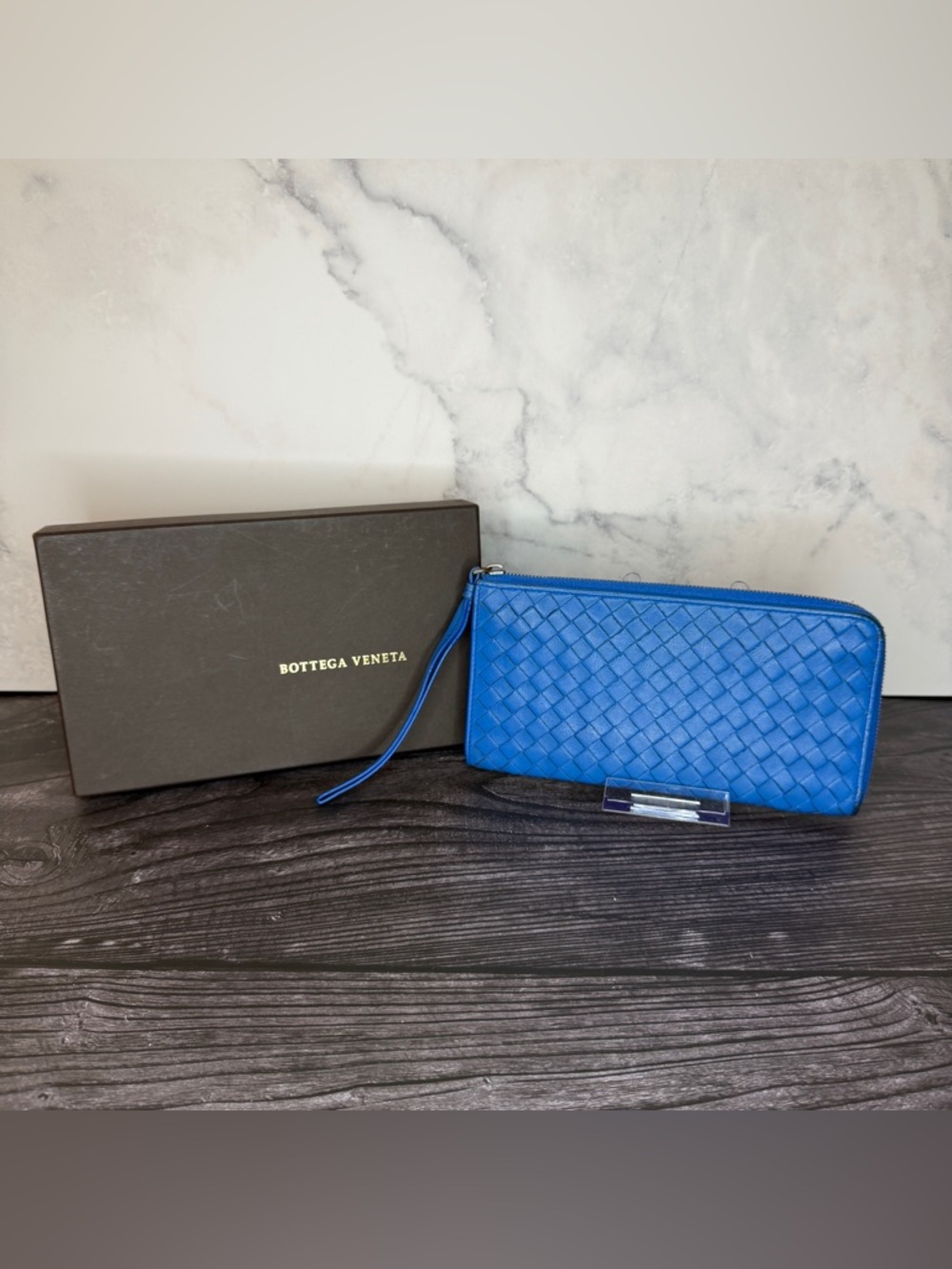 Bottega Veneta Intrecciato Blue Zip Wallet Nappa Leather Woven | Box + COA